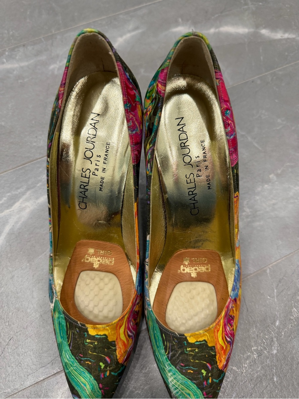 Charles Jourdan Multicolor Floral Pointed-Toe Pumps in Gold Insole
